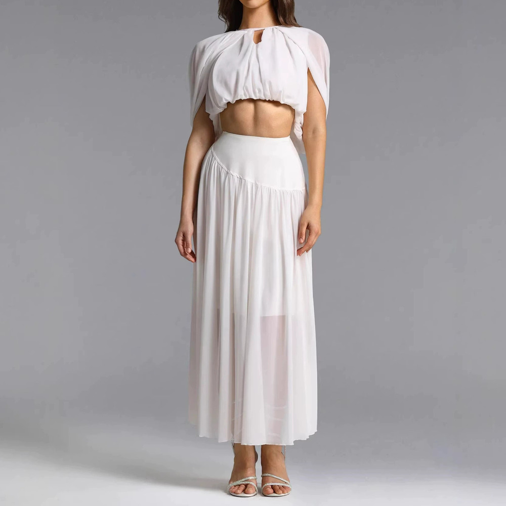 Forever 21 Elegant Summer White Chiffon Patchwork Midriff Long Dress